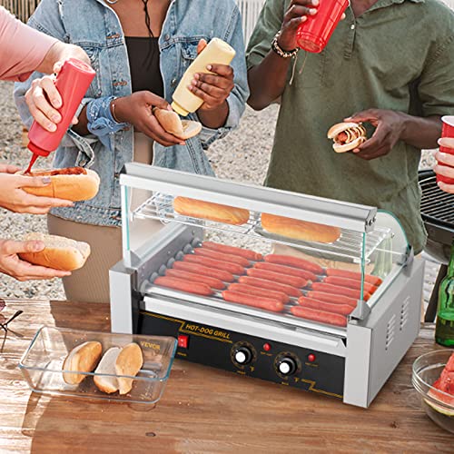 Vevor Hot Dog Roller 7 Rollers 18 Hot Dogs Capacity 1050W Stainless Sausage Grill Cooker Machine With Dual Temp Control Glass Hood Acrylic Cover Bun Warmer Shelf Removable Oil Drip Tray, Etl Certified #TOP7