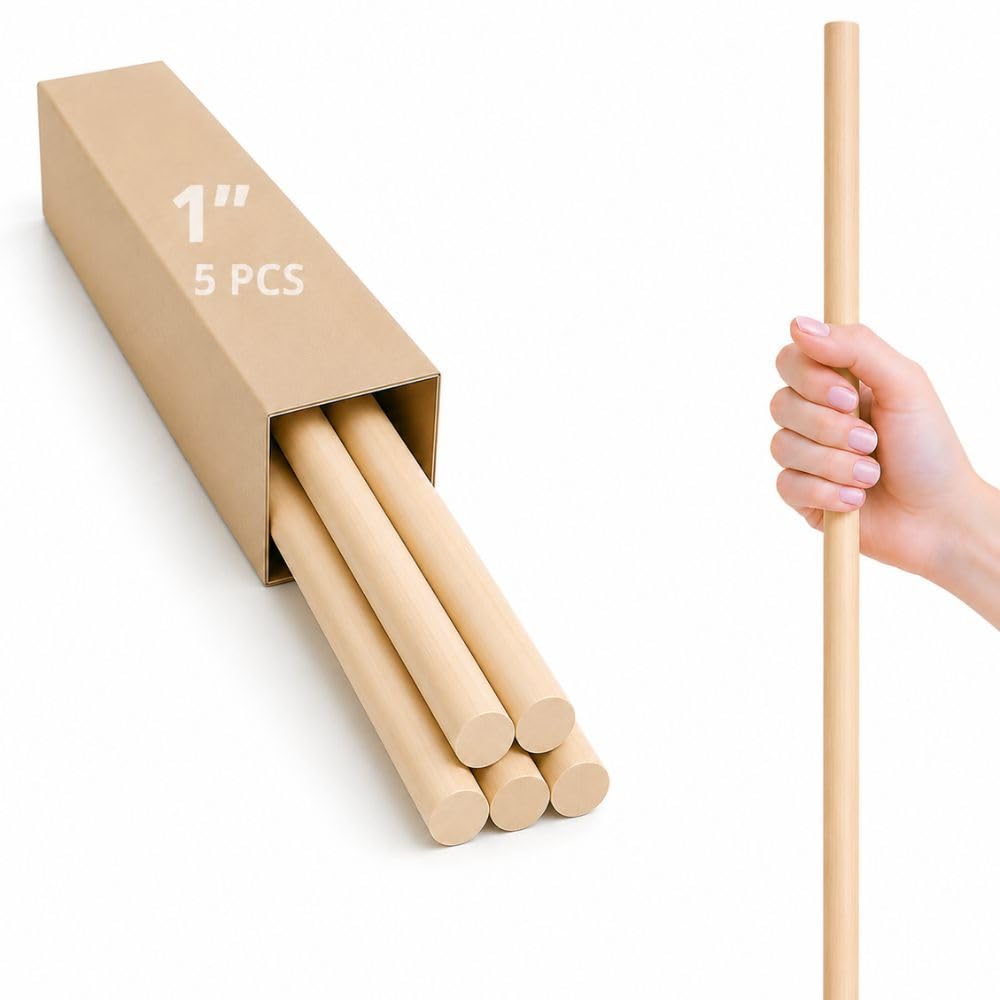 Lot de 5 bâtons épais en bois naturel de 2,5 x 91,4 cm – Bâtons épais en bois naturel pour travaux manuels, projets de bricolage, utilisation alimentaire, bâtons ronds lisses en bois pour travaux