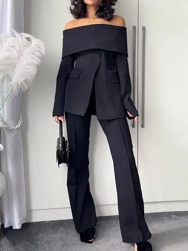 UOOZEE Women's Long Sleeve Off Shoulder Business Work Blazer Sexy Formal Split Front Suit Jackets Outfits3