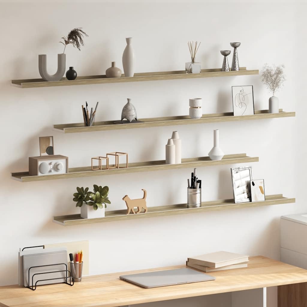 Set di 4 mensole da parete, 115 x 9 x 3 cm, in MDF, per soggiorno, camera da letto e corridoio, per quadri decorativi e piante, bianco e rovere Sonoma