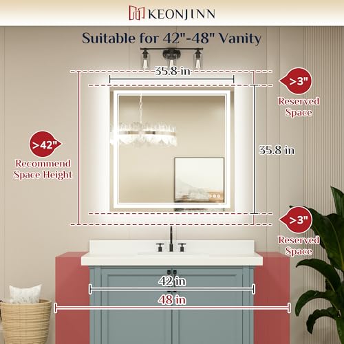 Keonjinn LED Bathroom Mirror with Lights, 36" x 36" Frontlit and Backlight, Stepless 3 Colors Temperature & Dimmable Wall Mirror, UL Listed LED Driver, Double LED Strips Tempered Glass Lighted Mirror by Keonjinn - Image 7