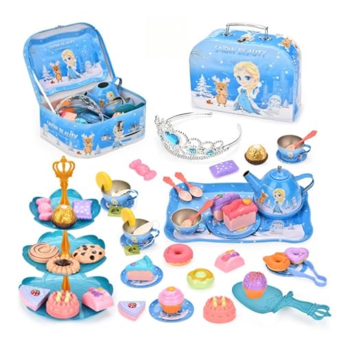 EZ週末アフタヌーンティーおもちゃおままごとティーセットおやつおもちゃごっこ遊び食器お茶お菓子ティーポットビスケットケーキデザートキャンディーデザートスタンド親子遊び知育玩具食べ物認知誕生日プレゼントお礼の品女の子クリスマス進学祝いギフト (アイスプリンセ