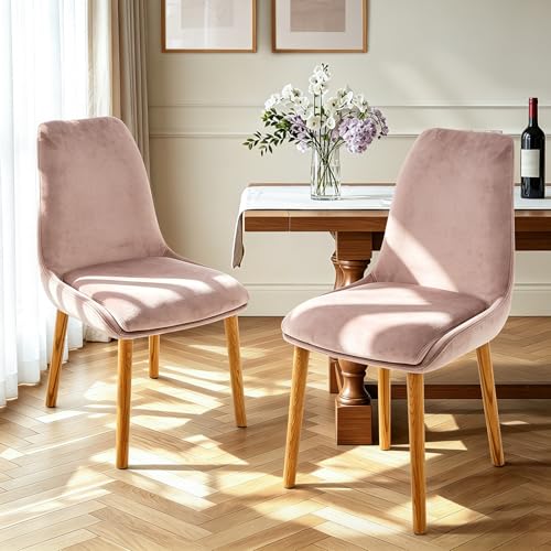 Brage Living Dining Chairs Set of 2 Dining Room Chairs with Wood Legs Soft Fabric Upholstery Armless Dining Table Chairs Modern Kitchen Side Chairs for Dining Room Kitchen Living Room (Pink)