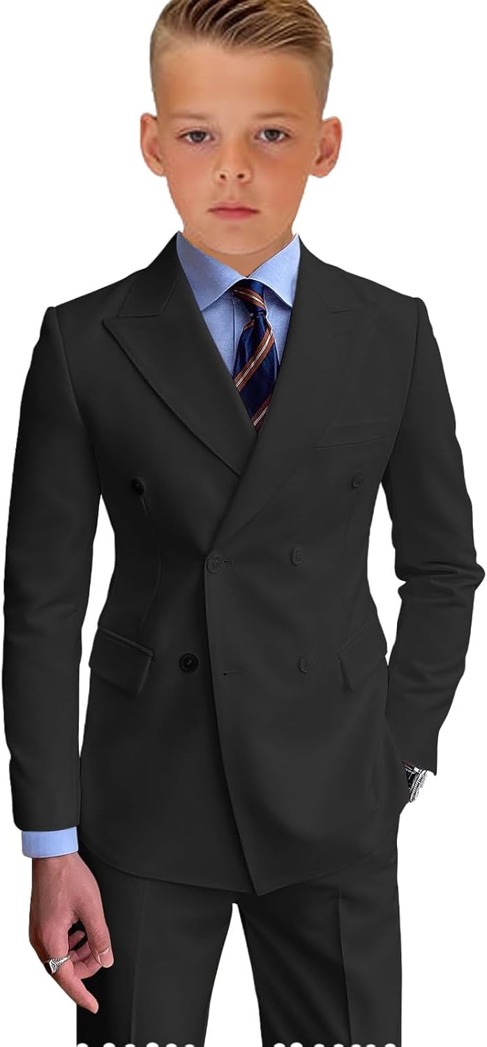 Boys Slim Fit Double Breasted Suit - 2 Piece Blazer Pant for Wedding, Prom & Formal Events
