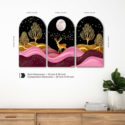 Image of Livin'luxe Deer Wall Art | Set of 3 MDF Panel Paintings | Golden Forest & Moonlight Night Theme Decorative Wall Hanging for Living Room, Bedroom, Office & Home Interiors (20 x 30 Inch) RPNS-11