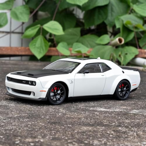 Image of 1 /24 Dodge Challenger Hellcat Model Car, Zinc Alloy Pull Back Toy car with Sound and Light for Kids Boy Girl Gift (White)