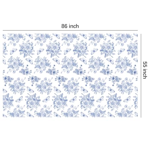 Image of Blue and White Floral Party Tablecloth Decorations, 3pcs Disposable Elegant Dusty Blue Flower Party Supplies Table Cover, for Birthday Baby Bridal Shower Wedding Chinoiserie Decor, 86in x 55in