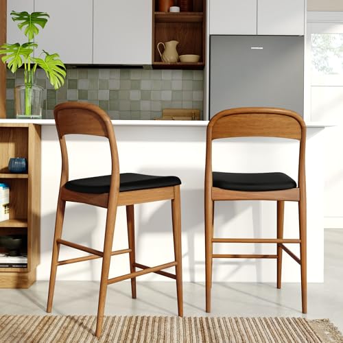 Image of Plank+Beam Loar Upholstered Counter Stool, Solid Rubberwood, Mid-Century Modern Kitchen Bar Chair, Curved Back, Low-VOC Finish, Counter Height Seating, Pecan /Black