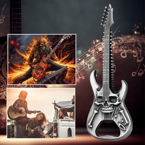 Skull Guitar Bottle Opener – Rock Music Bar Tool for Men & Women – Silver Guitar-Shaped Beer Opener with Gift Bag – Ideal Music Gift for Birthday, Father’s Day, Christmas, BBQ, Camping - Image 2