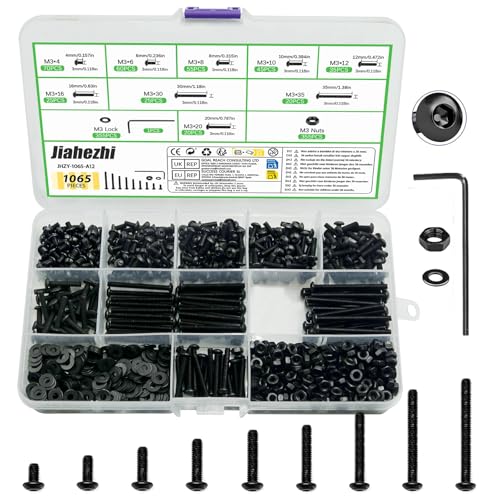1065 Pcs M3X4/6/8/10/12/16/20/30/35 Bolts and Nuts Set Round Head Hexagon Socket Screws with Washers Black Hex Socket Button Head Cap Machine Screws Kit for DIY Home Improvement & Maintenance