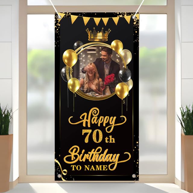 AUBAO Custom Black and Gold Happy Birthday Door Banner Backdrop Birthday Decorations Party Supplies for Women Men(70th)