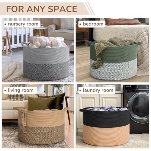 Image of INDRESSME 115L Extra Large Cotton Rope Blanket Basket for Nursery, Boho Decor Baby Laundry Baskets for Kids Toy Organizer Storage Bin for Dirty Clothes Pillows Towel, Black & Camel