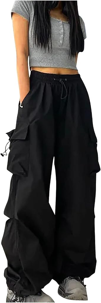 YMADREIG Cargo Pants Women High Waist Baggy Parachute Pants 2025 Y2k Joggers Drawstring Ruched Trousers with Multiple Pockets