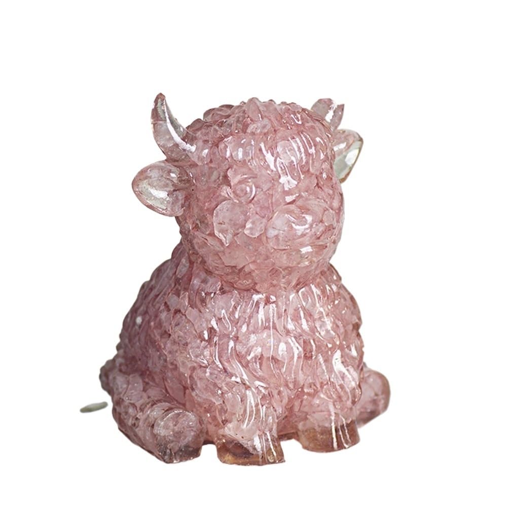 HUFFA Resin-Filled Natural Crystal Cow Ornament - Fortune-Attracting Desk Decoration(Pinkcrystal)