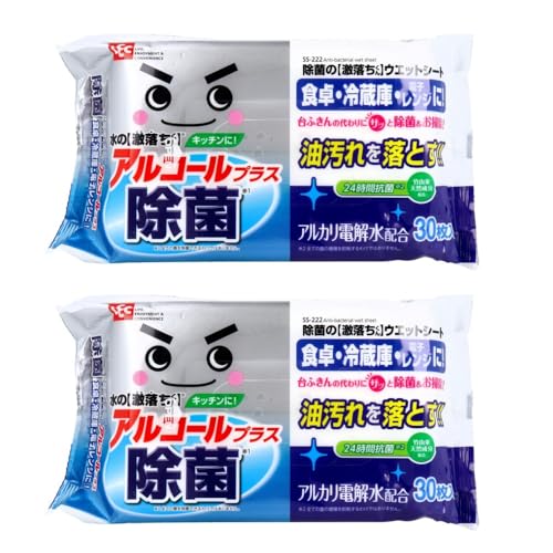 除菌の激落ちくん ウエットシート 30枚入 日用品 ウェットティッシュ 掃除 アルカリ電解水 除菌成分 油汚れ対応 ペット対応 食卓用 使い捨て 床 アルコールタイプ (2個セット)