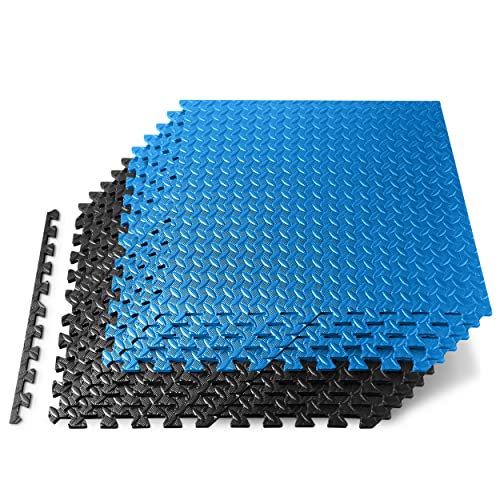 Thick Puzzle Exercise Mat, 10 Pcs EVA Foam Interlocking Tiles Protective Flooring for Gym Equipment and Cushion for Workouts, Durable Non-Skid Texture, Easy to Assemble, Blue and Black
