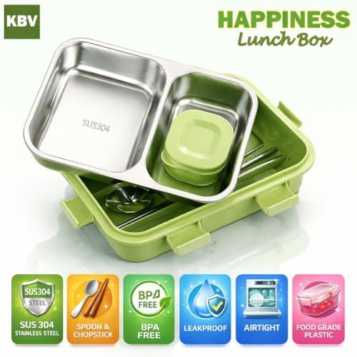 Image of KBV 2 Compartment Insulated Happiness Lunch Box BPA-Free Airtight Leakproof Dishwasher Safe Tiffin Box for Kids Boys & Girls Perfect for School Picnic Gifting (Green)