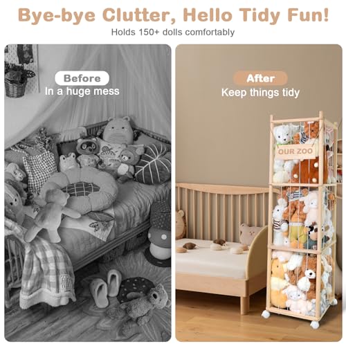 Image of Stuffed Animal Storage, Wooden Cute Zoo Toy Holder with Brake Wheels, Space Save Toy Organizer, Large Capacity Stuffed Animal Holder, Perfect for Nursery Playroom Kidroom Bedroom-54 Inch