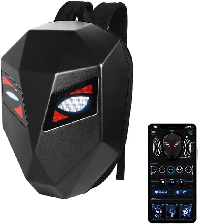 Smart Led Backpack for Men | Programmable Led Light Bag Hard Shell | Dragon Eye Motorcycle Bagpack for Helmet and Laptop Smart Travel black Riding Daypack, digital, Waterproof weighted