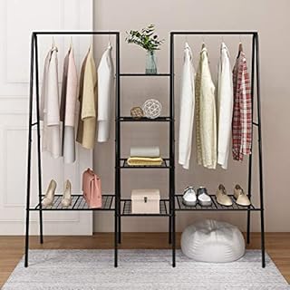 HOMERECOMMEND Large Clothes Rail Clothing Rack Stand, Metal Coat Rack, Coat Rack, Top Rod Metal and Shoe Rack Large Storage Space Black