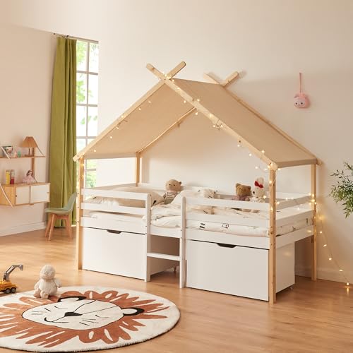 [en.casa] Cama para Niños Surnadal con Techo de Textil Desmontable Cama Infantil Individual con Somier y 2 Cajones Estructura Elevada Forma de Casa 90 x 200 cm Madera Pino - Blanco/Natural