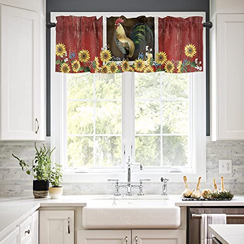 Rooster Curtain Valance For Windows Farmhouse Sunflower Rod Pocket Valance Window Treatments 1 Panel Rustic Farm Barn Short Curtains For Kitchen Windows Bathroom Bedroom 54 X 18 Inch #TOP1