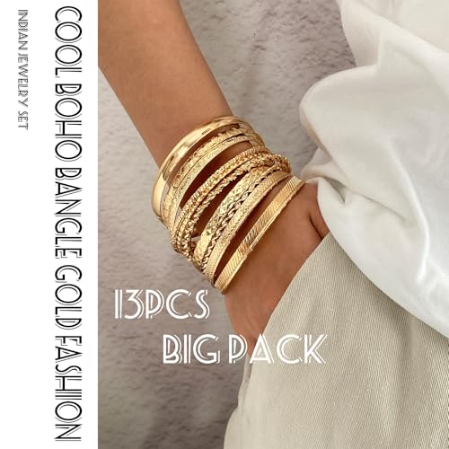 17IF Gold Bangle Bracelet For Women, 14k Multilayer Charm Textured Stackable Bracelets Boho Indian Chunky Cuff Fashion Jewelry Gift3