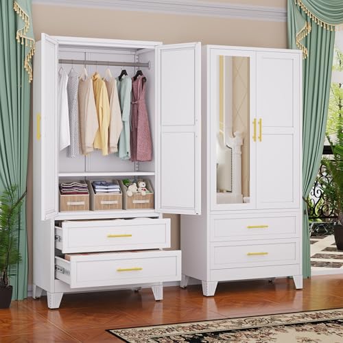 Image of GAIOUS Steel Armoire Wardrobe Closet with Mirror and 2 Drawers 71 inch White