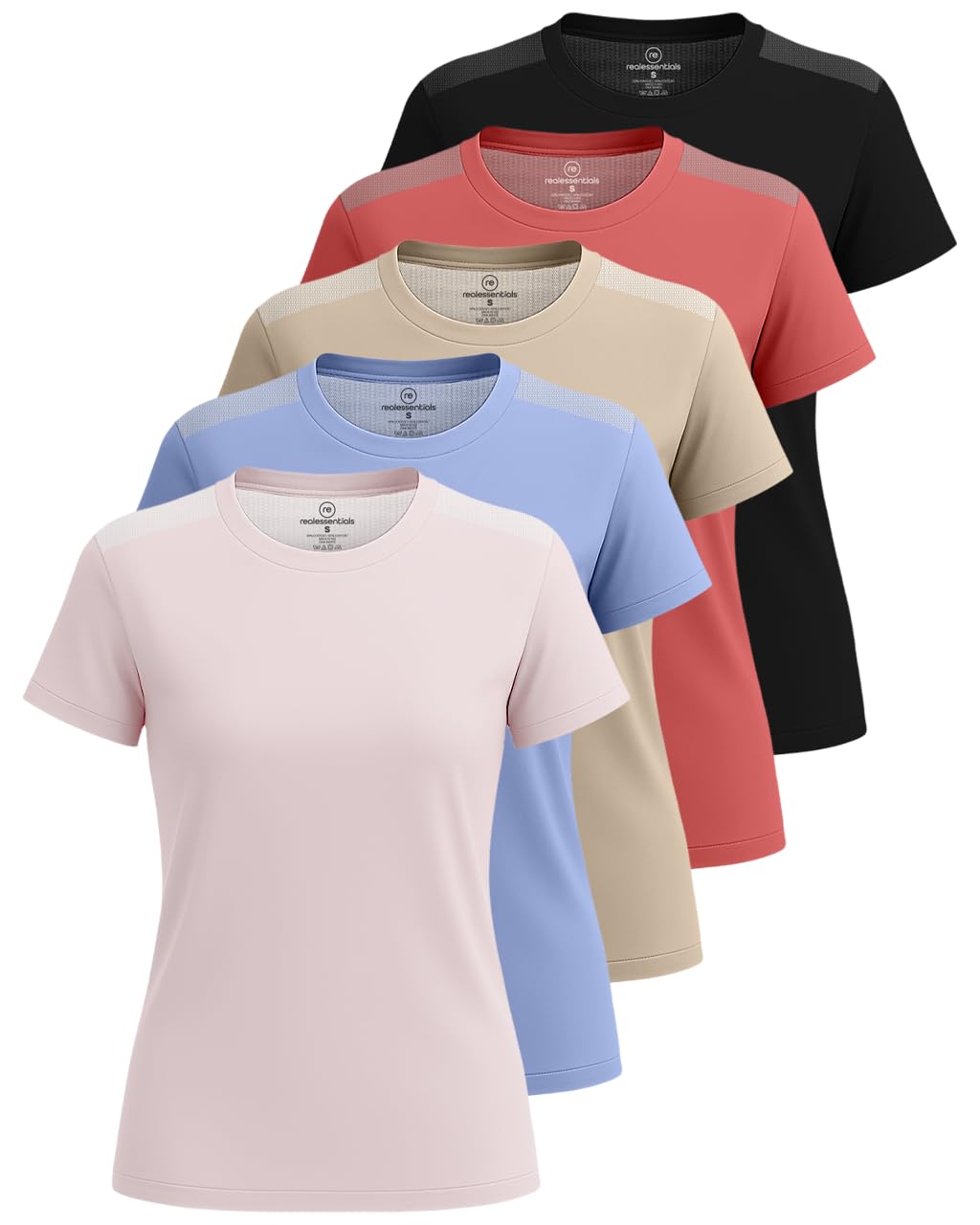 Real Essentials 5 Pack: Women's Short Sleeve Mesh Insert T-Shirts Athletic Tops Gym Workout Yoga Tennis Activewear (Plus)