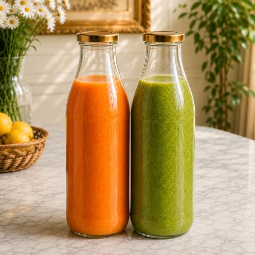 Image of Pure Source India 1 Litre Glass Bottle with Gold Metal Lid - Reusable, BPA-Free, Leak-Proof Beverage & Milk Storage Container (Set of 2)