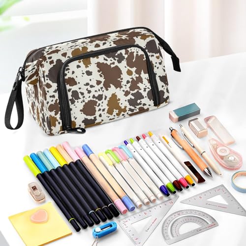 Image of Portable Pencil Case Pen Bag with Zipper, Cow Print Skin Brown Large Pencil Pouch Pen Case Stationery Bag for Office School Student, Multifunctional Pen Box for Girl Boy Men Women
