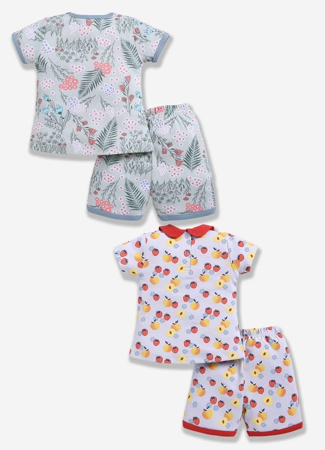 Image of Baby Girls 100% Cotton Printed Half Sleeve T-shirt & Short Summer Clothing Sets (Pack Of 2)