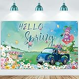 Moukeren Spring Backdrop 73 x 43 Inch Hello Spring Banner Blue Truck Gnome Daisy Butterfly Backdrop Decorations for Photography Background Photo Prop Booth Easter Party Decor