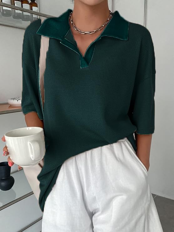 Image of Zilcon Womens Half Sleeve Oversized Tshirt for Woman Trendy Casual V Neck Summer Collared Preppy Tops Fashion Loose Fitted Western Tops for Women Stylish
