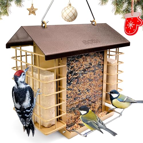 iBorn Bird Feeders for Outdoors,Bird Feeder with Double Suet Holders,Suet Feeder for Outside Hanging,Large Weatherproof Metal Roof,Easy to Refill & Clean,3.2 LBs Seed Capacity + 2X Cakes,1 Pack,Coffee