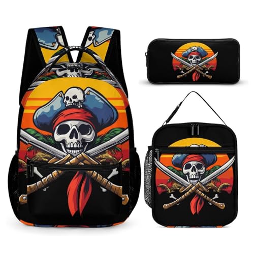 Pirate Skull Island Sunset Backpack Shoulder Bags Lunch Bag Pencil Case Box 3 Set Daypack Cute