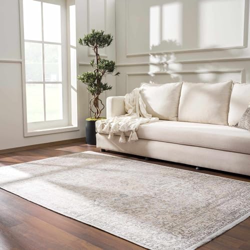Image of Hauteloom Wentworth Machine Washable Area Rug - Floral Distressed Border Medallion Faded - Traditional Oriental Transitional Vintage Farmhouse - Beige, Slate Blue, Cream, Gray, Light - 5' x 7'6 inch
