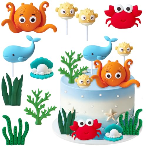 Decorazioni Torta Tema Mare, 9pcs Animali Marini Decorazione Torta, Oceano Toppers Tortas, Toppers per Tortas Animali Marini, Ocean Animals Cake Topper, per Feste a Tema Oceano e Spiaggia (Colore A)