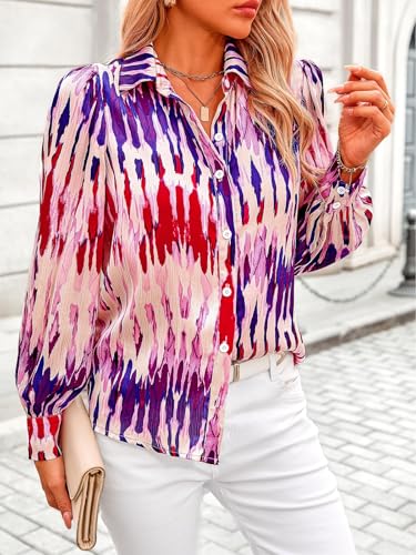 PRETTYGARDEN Women's Floral Blouses Dressy Casual V Neck Button Down Shirts Lantern Long Sleeve Boho Chiffon Spring Tops 2026