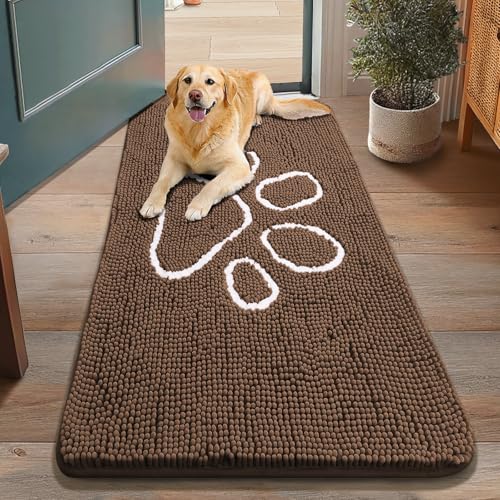 Image of Smiry Dog Door Mat for Muddy Paws, Absorbent Dirt Trapper Non Slip Quick Dry Washable Chenille Mat for Mud Dogs, Entry Rug for Indoor and Outdoor (48x30 Inches, Coffee and White)