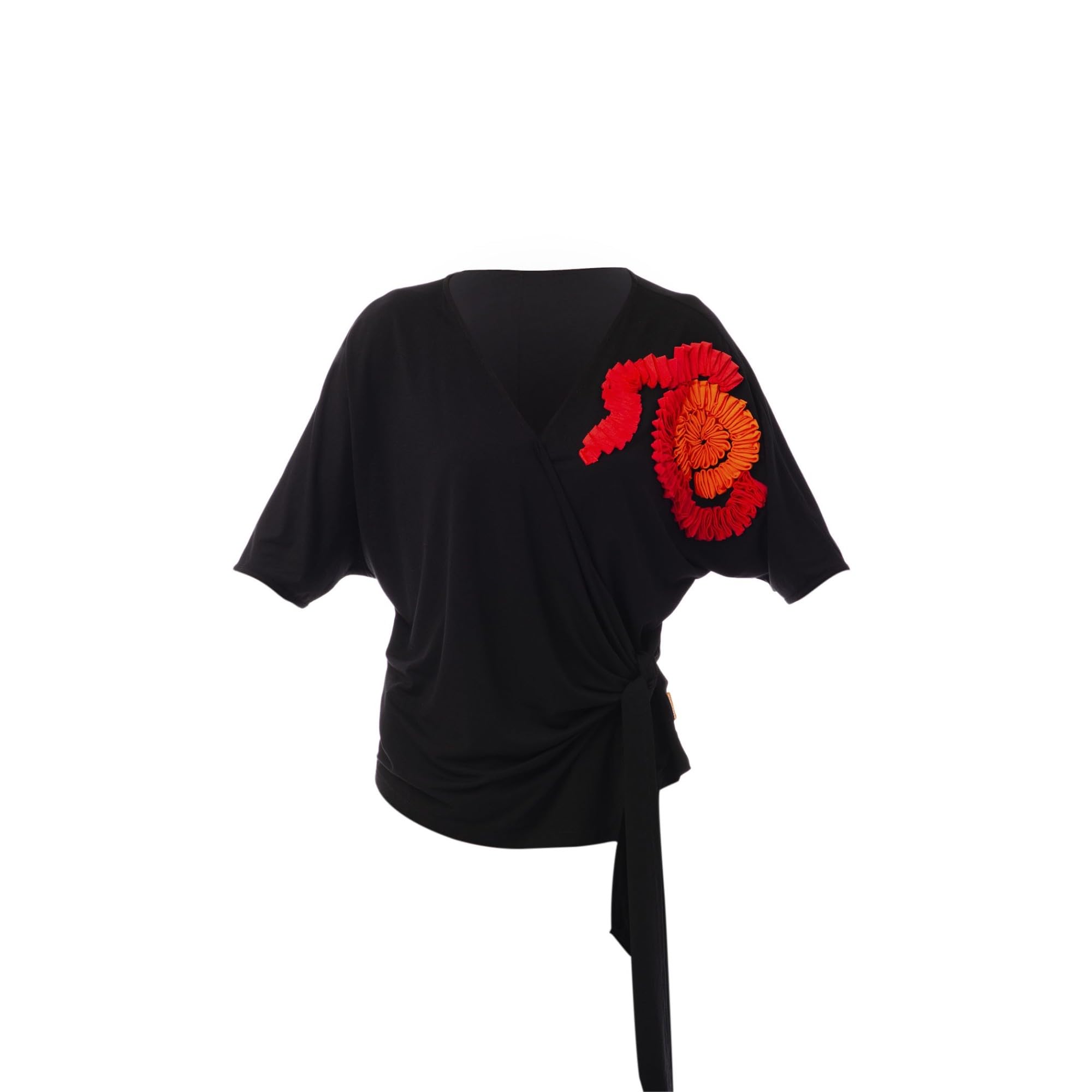 Mamatayoe Top Emblema para Mujer Negro S-XXL | Suéter, Escote en Pico, Media Manga, Detalles de Punto y Bordado Floral
