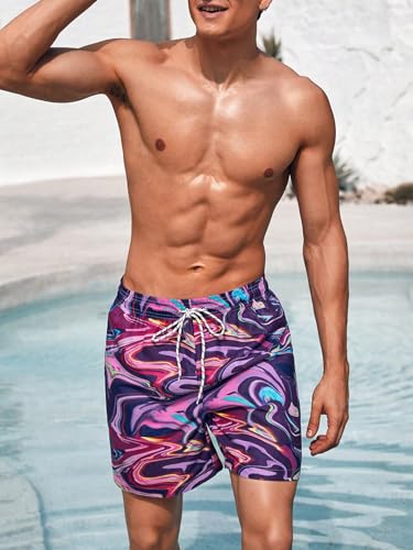OYOANGLE Men's Marble Print Drawstring Waist Beach Board Shorts Swim Trunks with Pocket Swimwear3