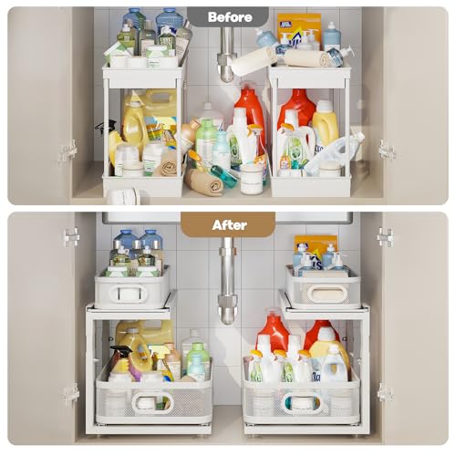 Image of 2 Pack Under Sink Organizer With Next-Gen Ball-Bearing Slides,2-Tier Precision Mesh Pull Out Cabinet Drawers Storage for Bathroom&Kitchen,Height Adjustable Shelf,Rust-resistant-Patent Pending