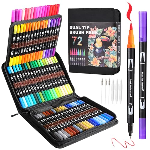 TOSHARE Art Markers Pens Dual Tip Markers Set with Fine & Brush Nib for Adult Coloring Book Christmas Gifts for Teens Calligraphy & Drawing Art Supplies Kit for Kids and Adults (72 Colors)