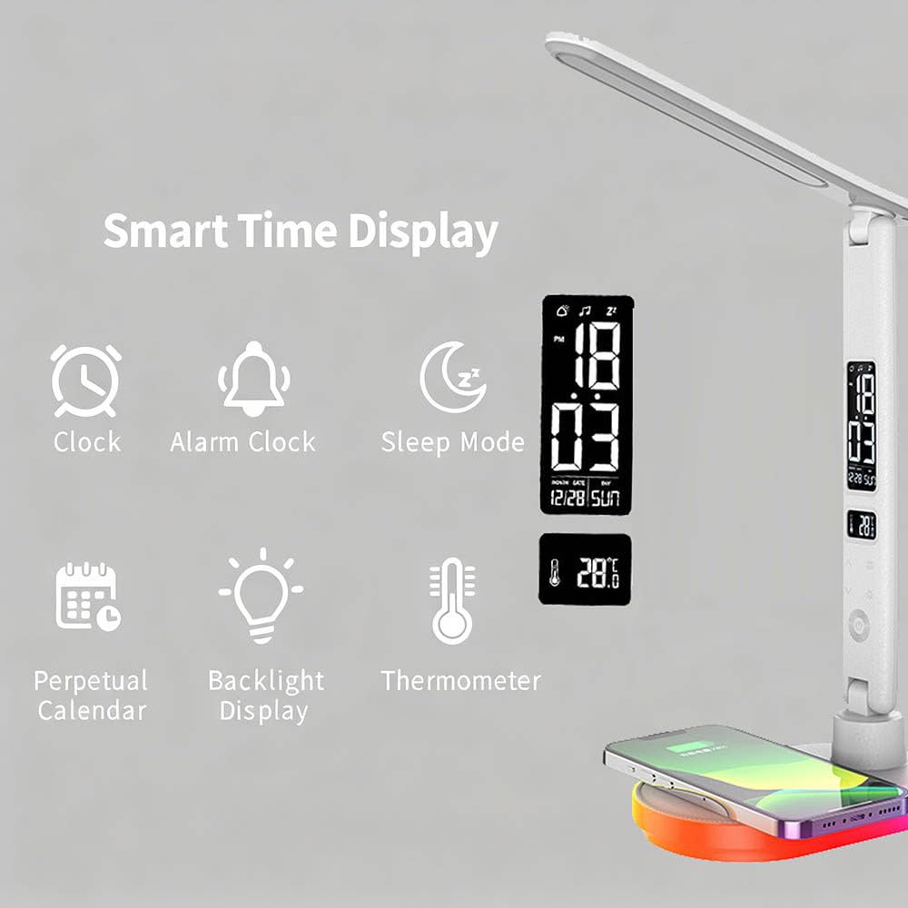 Wielofunkcyjna Lampa Biurkowa Led Z Bezprzewodową łAdowarką, Kalendarzem, Portem łAdowania Usb, Temperaturą, Budzikiem, Do Domowego Biura