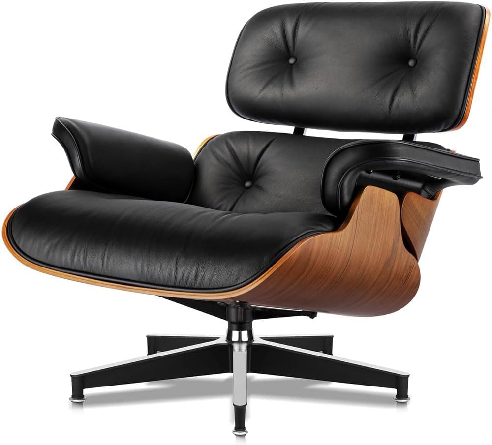 Poltrona Lounge Girevole Reclinabile in Pelle Genuina, con Ottoman, Design Classico Moderno, Base Robusta, Legno di Nocefor Per soggiorno, studio, salotto e ufficio assemblata Nero