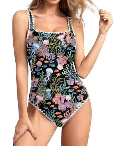 Image of Upopby Women's Vintage Padded Push up One Piece Swimsuits Tummy Control Bathing Suits Plus Size Swimwear