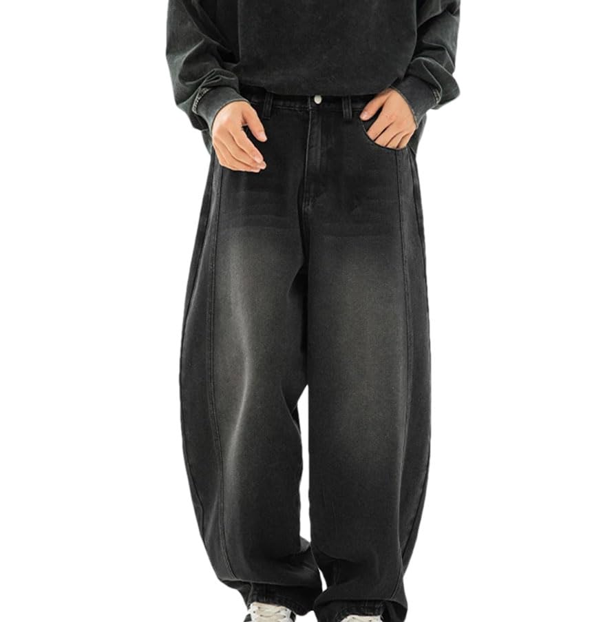 Men’S Retro Oversized Jeans Mid Waist Loose Fit Wide Leg Denim Pants with Button