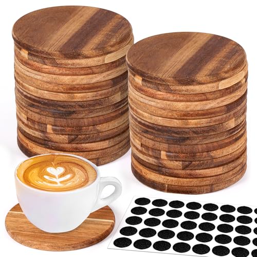 26 Pieces Unfinished Wood Coasters 4 Inch Round Acacia Wooden Coasters for Crafts with Non-Slip Silicon Dots for DIY Stained Painting Wood Engraving Home Decoration