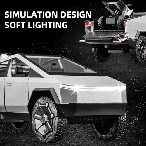 Image of 1:32 Scale Die-Cast Tesla CyberTruck with Pick-Up Trailer with 6 Openable Doors Pull Back Toy Car with Lights & MusicToy Car Gift for Kids (1:32 Cybertruck - Silver)
